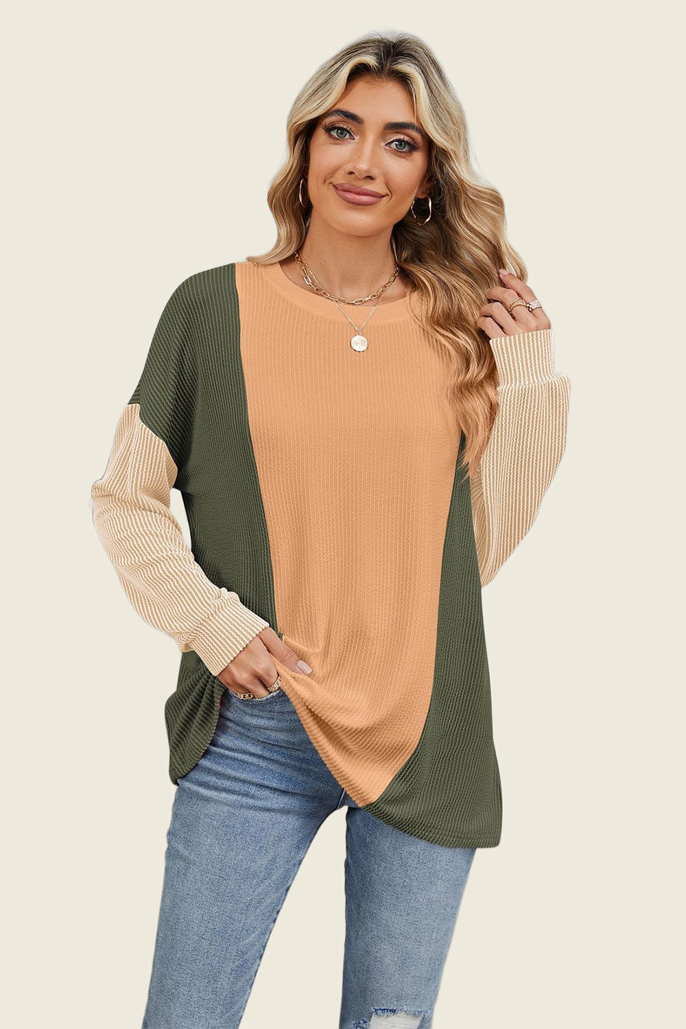 Double Take Texture Contrast Round Neck Long Sleeve T-Shirt-Angel Casuals