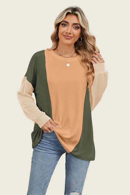 Double Take Texture Contrast Round Neck Long Sleeve T-Shirt-Angel Casuals