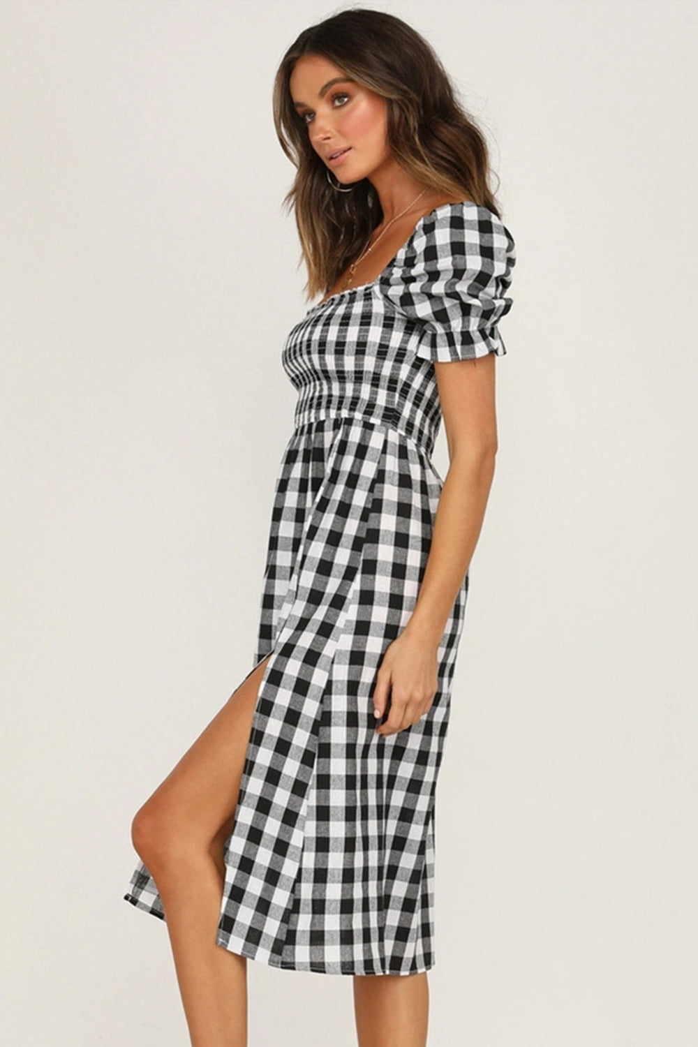 Full Size Slit Plaid Short Sleeve Midi Dress-Angel Casuals