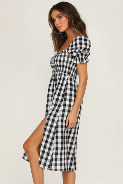 Full Size Slit Plaid Short Sleeve Midi Dress-Angel Casuals