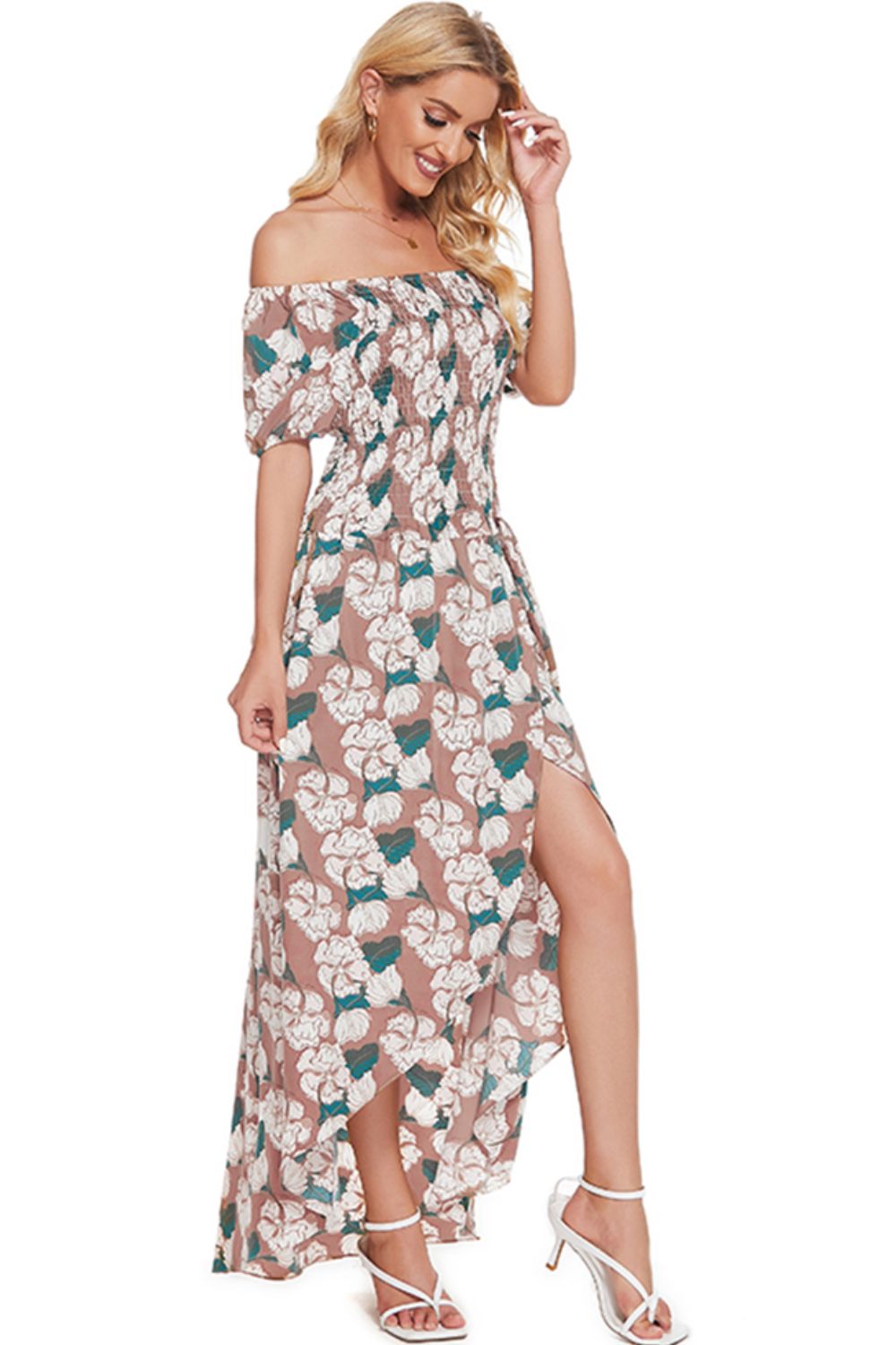 Floral Off-Shoulder Slit Maxi Dress-Angel Casuals