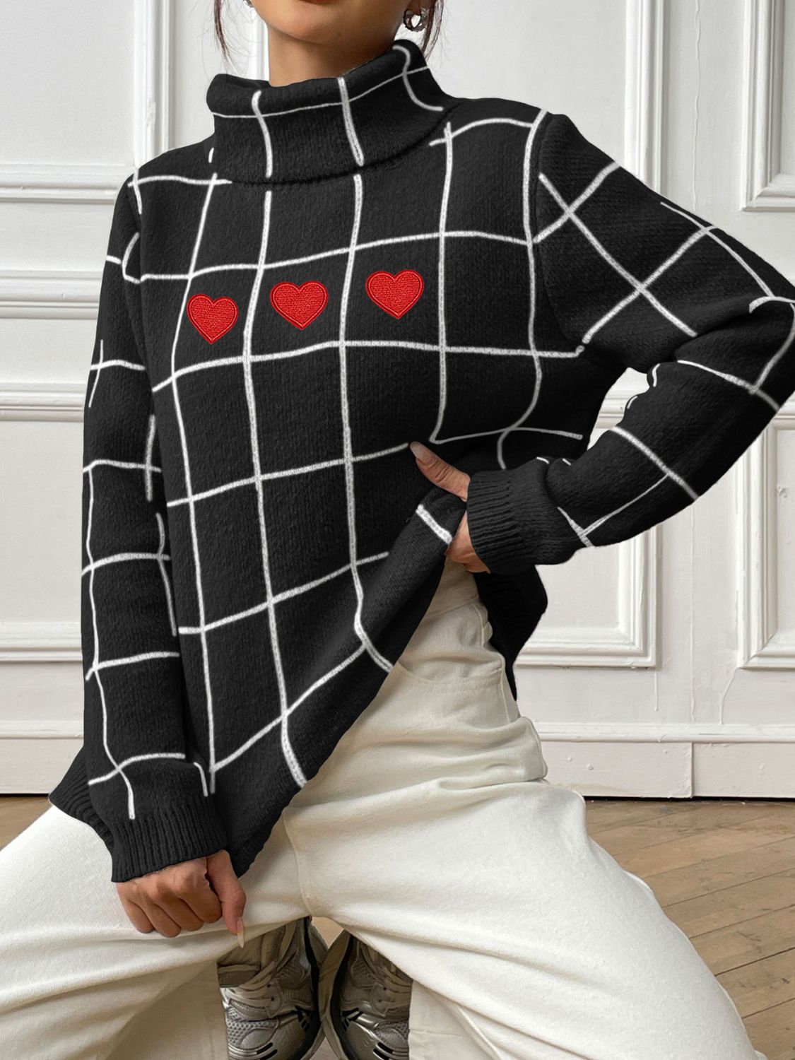 Heart Plaid Turtleneck Long Sleeve Sweater-Angel Casuals