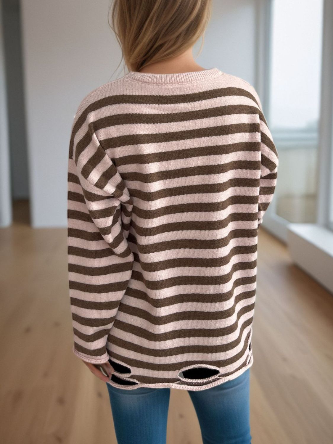 Distressed Striped Round Neck Long Sleeve Sweater-Angel Casuals