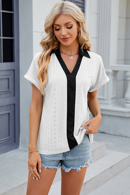 Eyelet Johnny Collar Short Sleeve T-Shirt-Angel Casuals