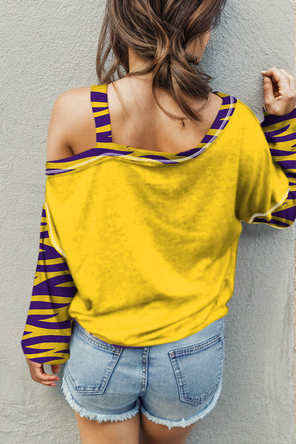 Tiger Graphic Asymmetrical Neck Long Sleeve T-Shirt-Angel Casuals