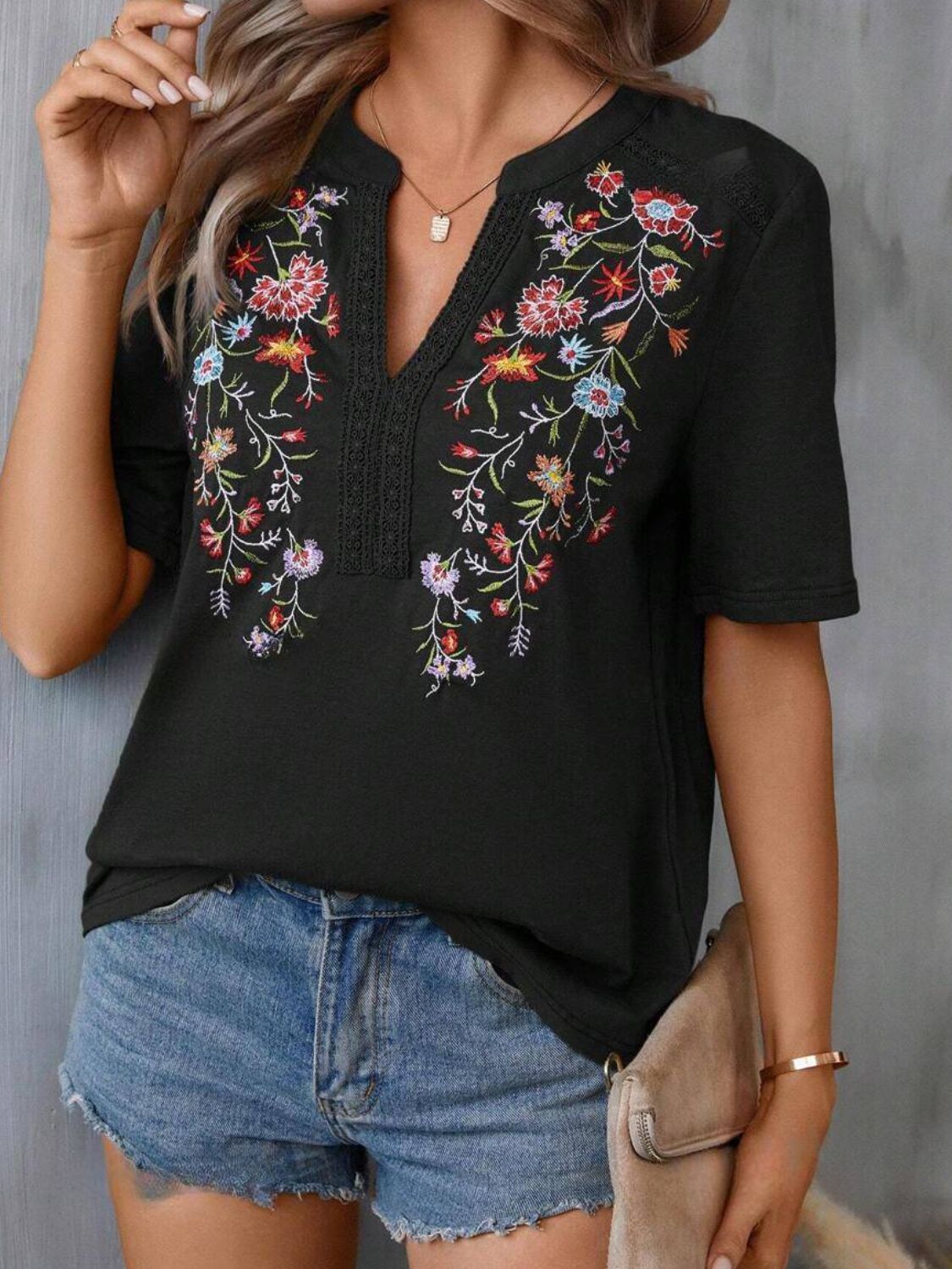 Embroidered Notched Short Sleeve T-Shirt-Angel Casuals