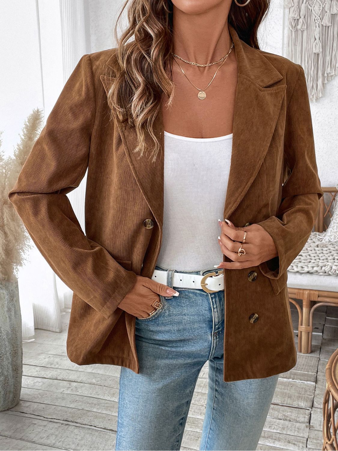 Perfee Decorative Pocket Flap Lapel Collar Long Sleeve Outerwear-Angel Casuals
