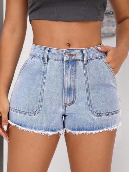 Raw Hem Pocketed Denim Shorts-Angel Casuals