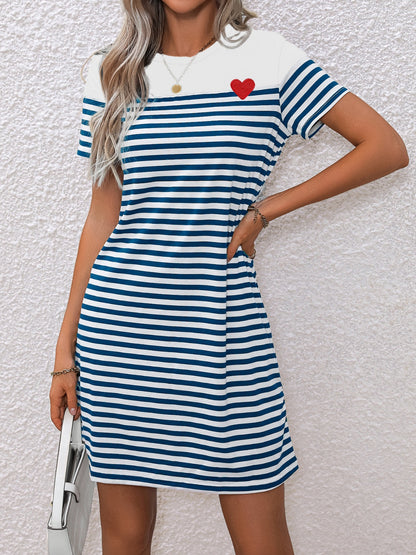 Striped Round Neck Short Sleeve Mini Tee Dress-Angel Casuals