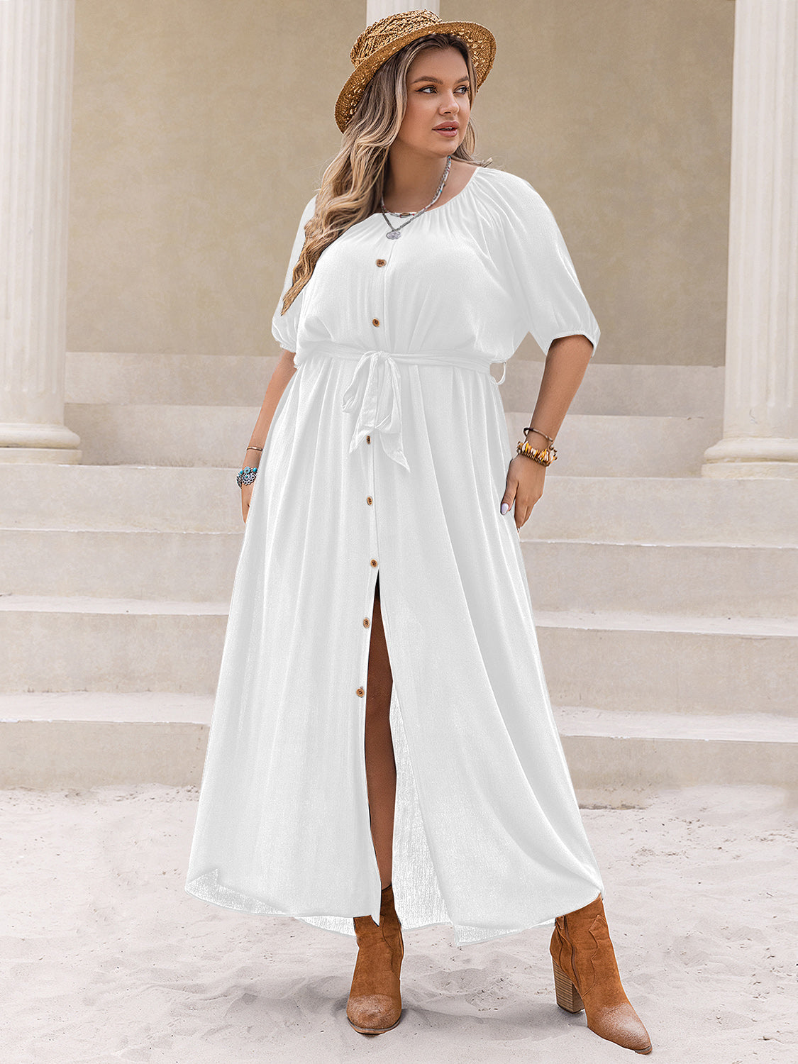 Plus Size Round Neck Half Sleeve Dress-Angel Casuals