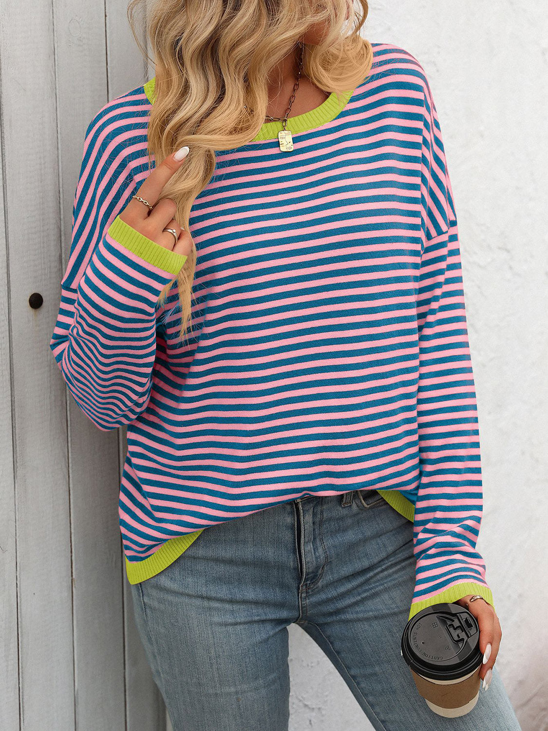 Mandy Striped Round Neck Long Sleeve Sweater-Angel Casuals