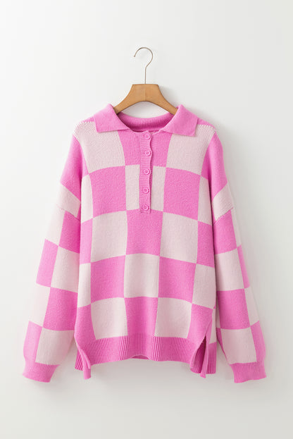 Slit Checkered Half Button Long Sleeve Sweater-Angel Casuals
