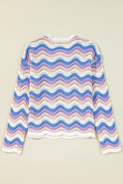 Contrast Wave Stripe Long Sleeve Sweater-Angel Casuals