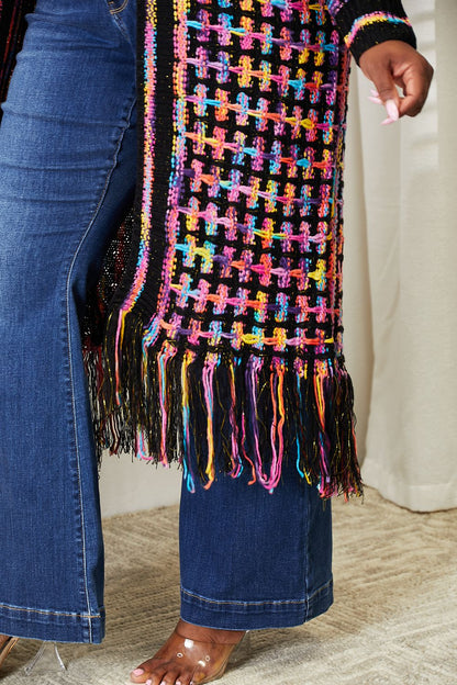 Full Size Multicolored Open Front Fringe Hem Cardigan-Angel Casuals