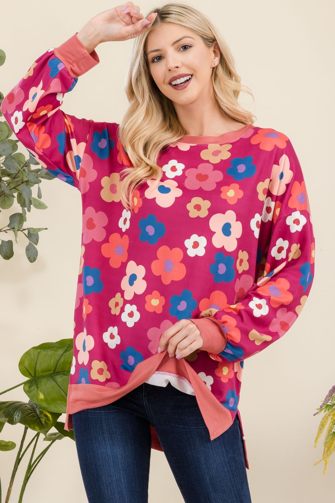 Celeste Full Size Side Slit Flower Print Long Sleeve Top-Angel Casuals