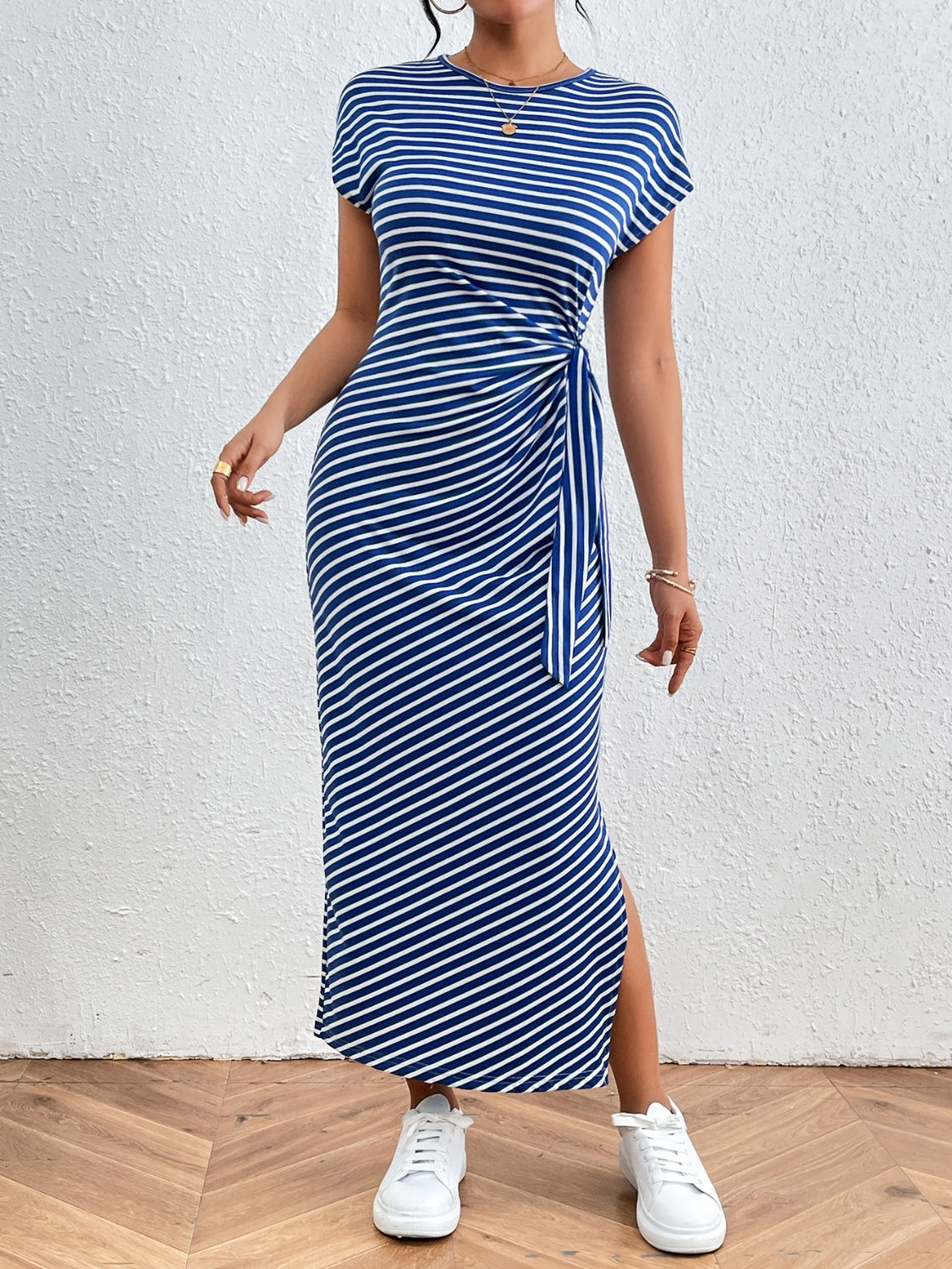 Tied Striped Round Neck Short Sleeve Tee Dress-Angel Casuals