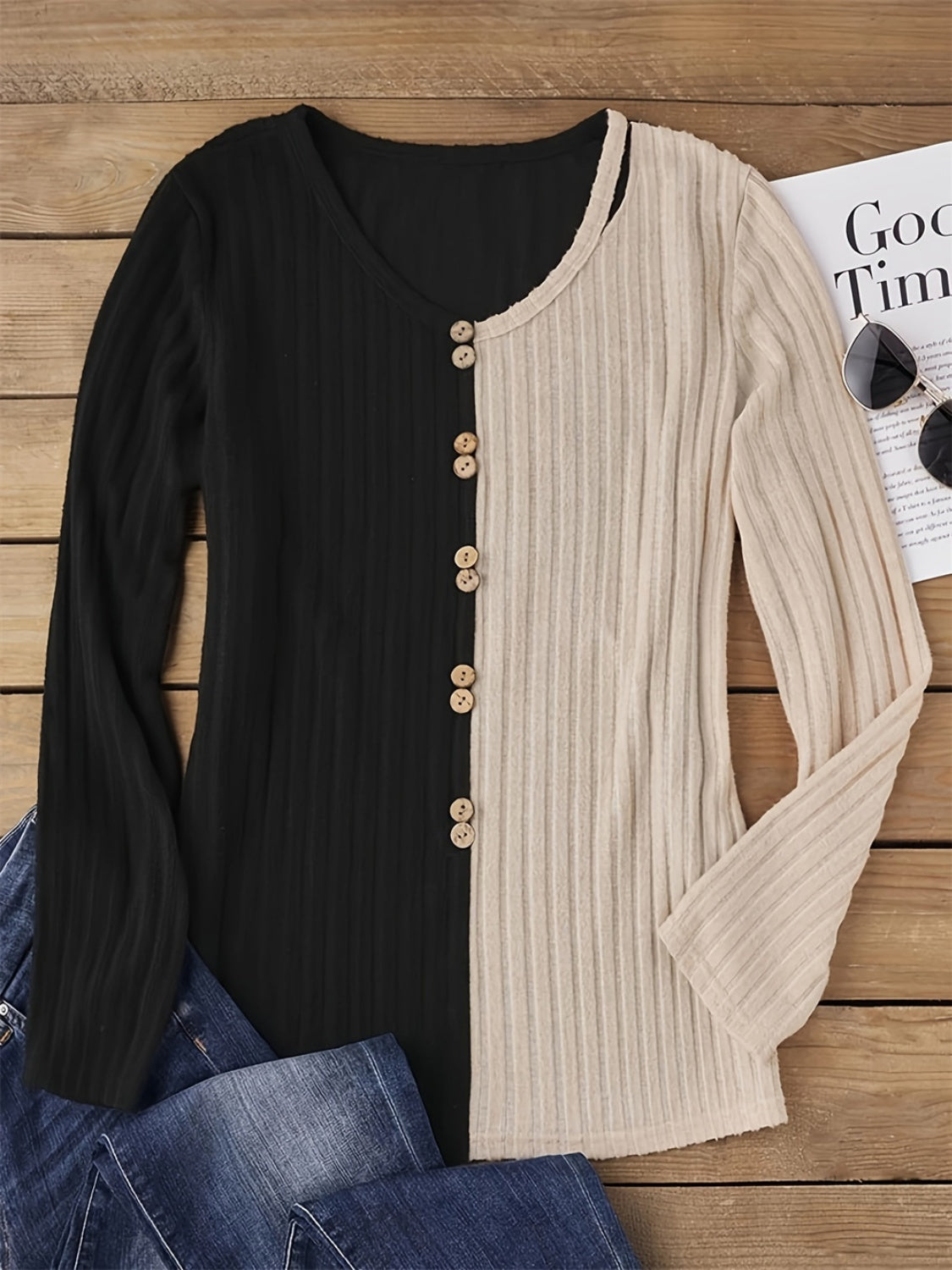 Decorative Button Contrast Round Neck Long Sleeve T-Shirt-Angel Casuals