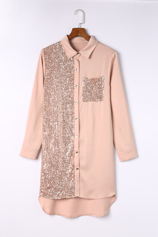 Sequin Button Front High-Low Shirt Dress-Angel Casuals