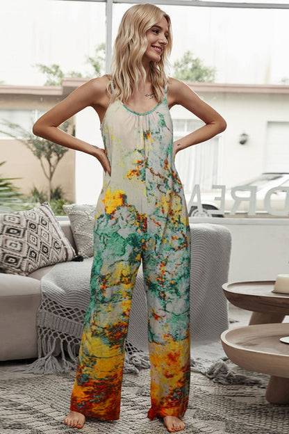 Tie-Dye Spaghetti Strap Jumpsuit with Pockets-Angel Casuals