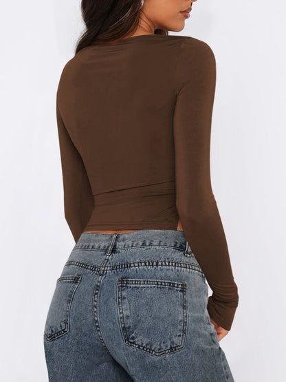 Tied Slit Round Neck Long Sleeve T-Shirt-Angel Casuals