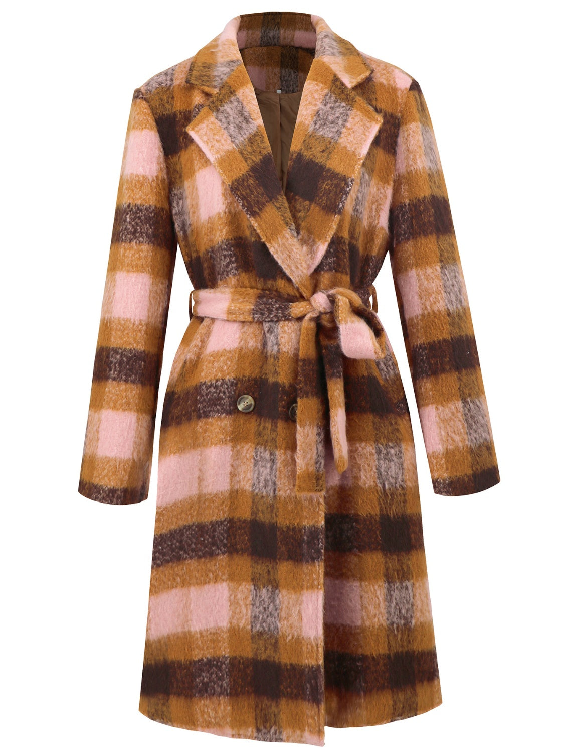 Tied Plaid Collared Neck Coat-Angel Casuals