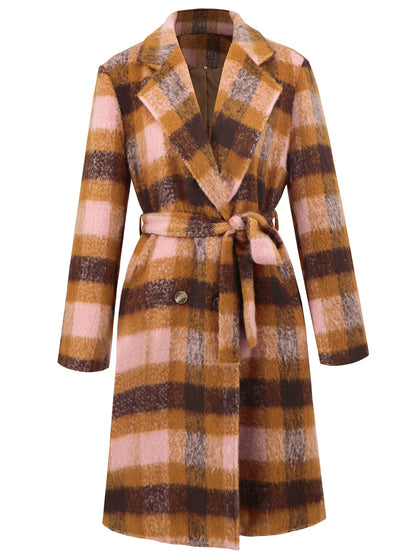 Tied Plaid Collared Neck Coat-Angel Casuals