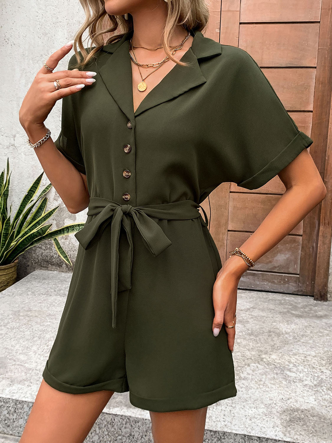 Half Button Tie Waist Short Sleeve Romper-Angel Casuals