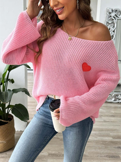 Heart Boat Neck Dropped Shoulder Sweater-Angel Casuals