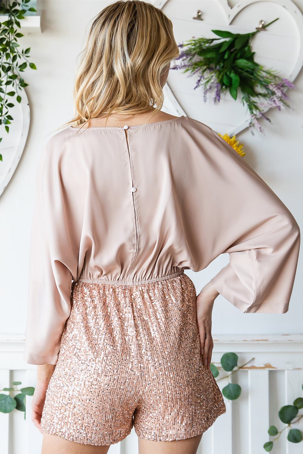 Sequin Drawstring Waist Dolman Sleeve Romper-Angel Casuals