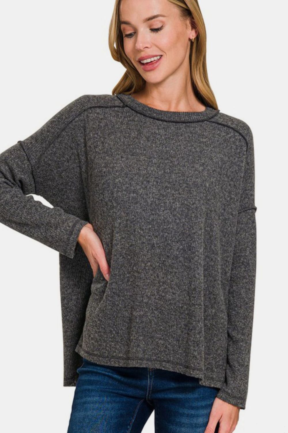 Zenana Full Size Exposed Seam Brushed Round Neck Sweater-Angel Casuals