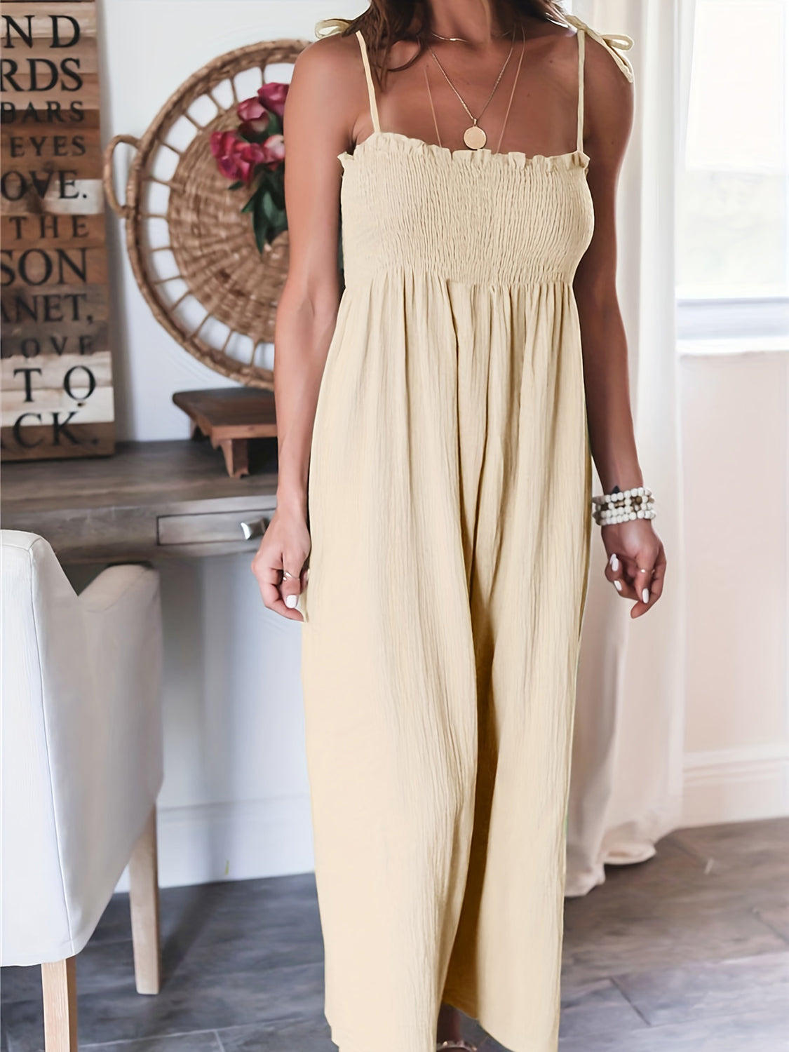 Full Size Smocked Spaghetti Strap Wide Leg Jumpsuit-Angel Casuals