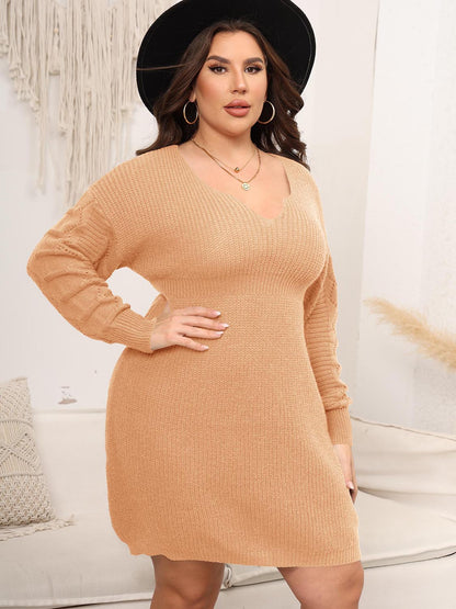 Plus Size Dropped Shoulder Long Sleeve Knit Mini Dress-Angel Casuals