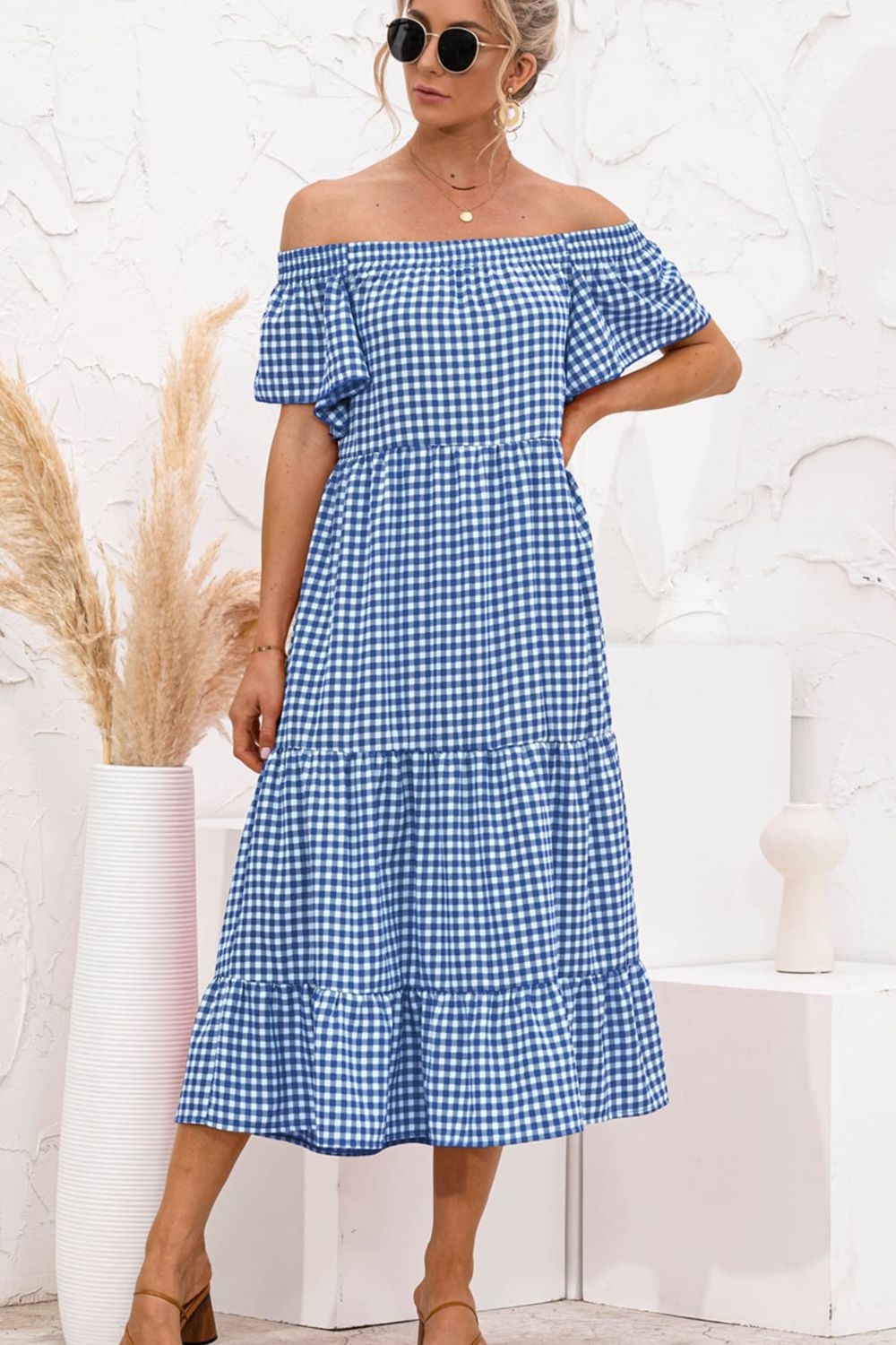 Plaid Off-Shoulder Tiered Midi Dress-Angel Casuals