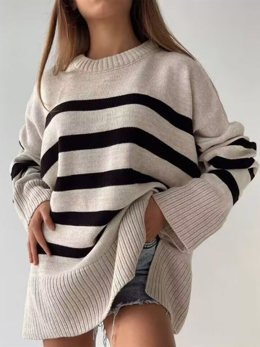 Slit Striped Round Neck Sweater-Angel Casuals