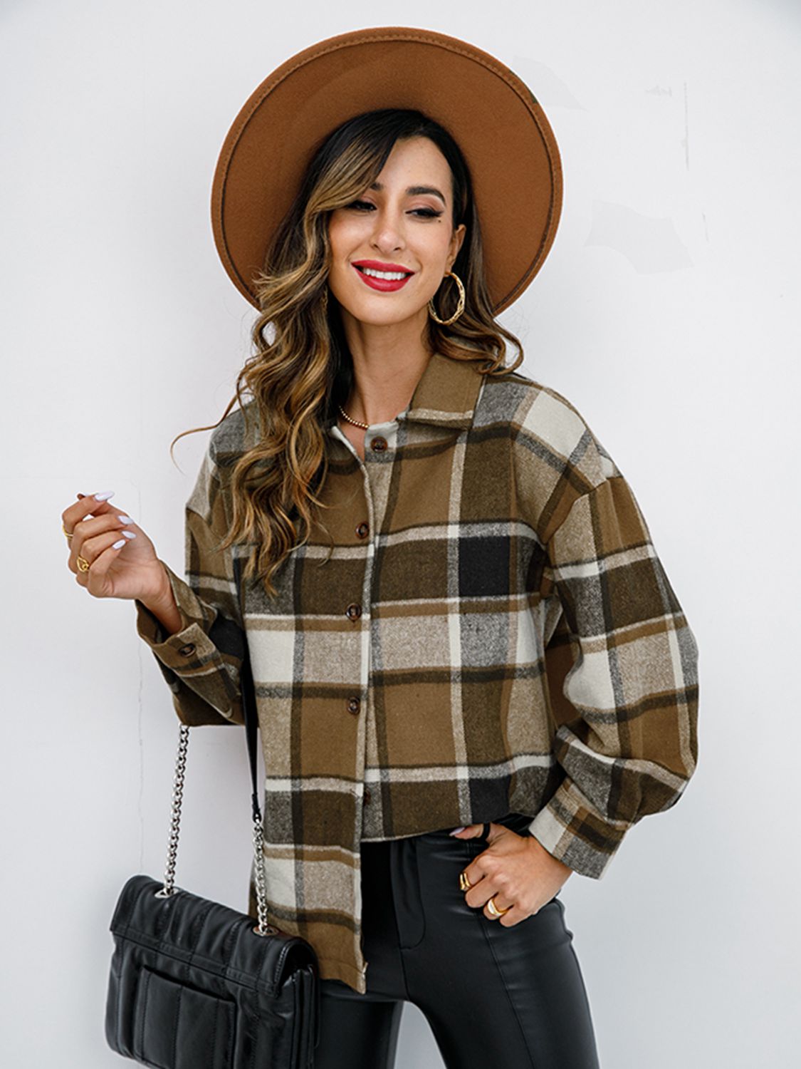 Plaid Button Up Collared Neck Jacket-Angel Casuals