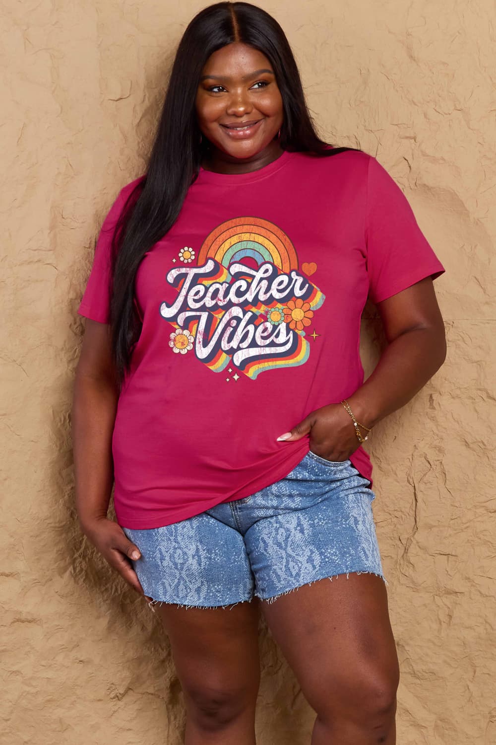 Simply Love Full Size TEACHER VIBES Graphic Cotton T-Shirt-Angel Casuals