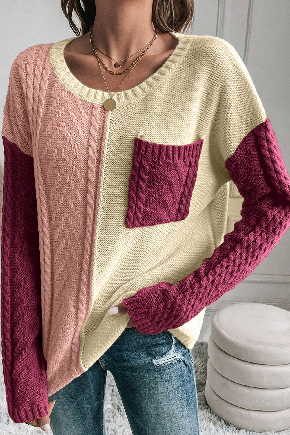 Double Take Full Size Color Block Drop Shoulder Sweater-Angel Casuals