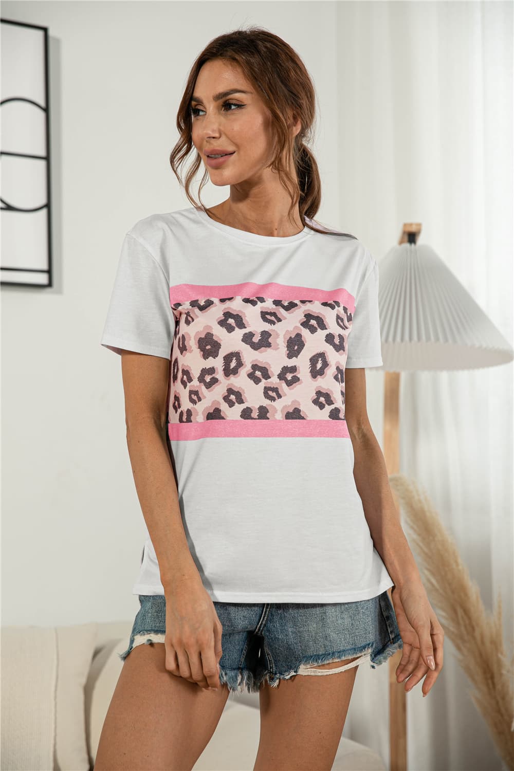 Leopard Color Block Side Slit Tee-Angel Casuals