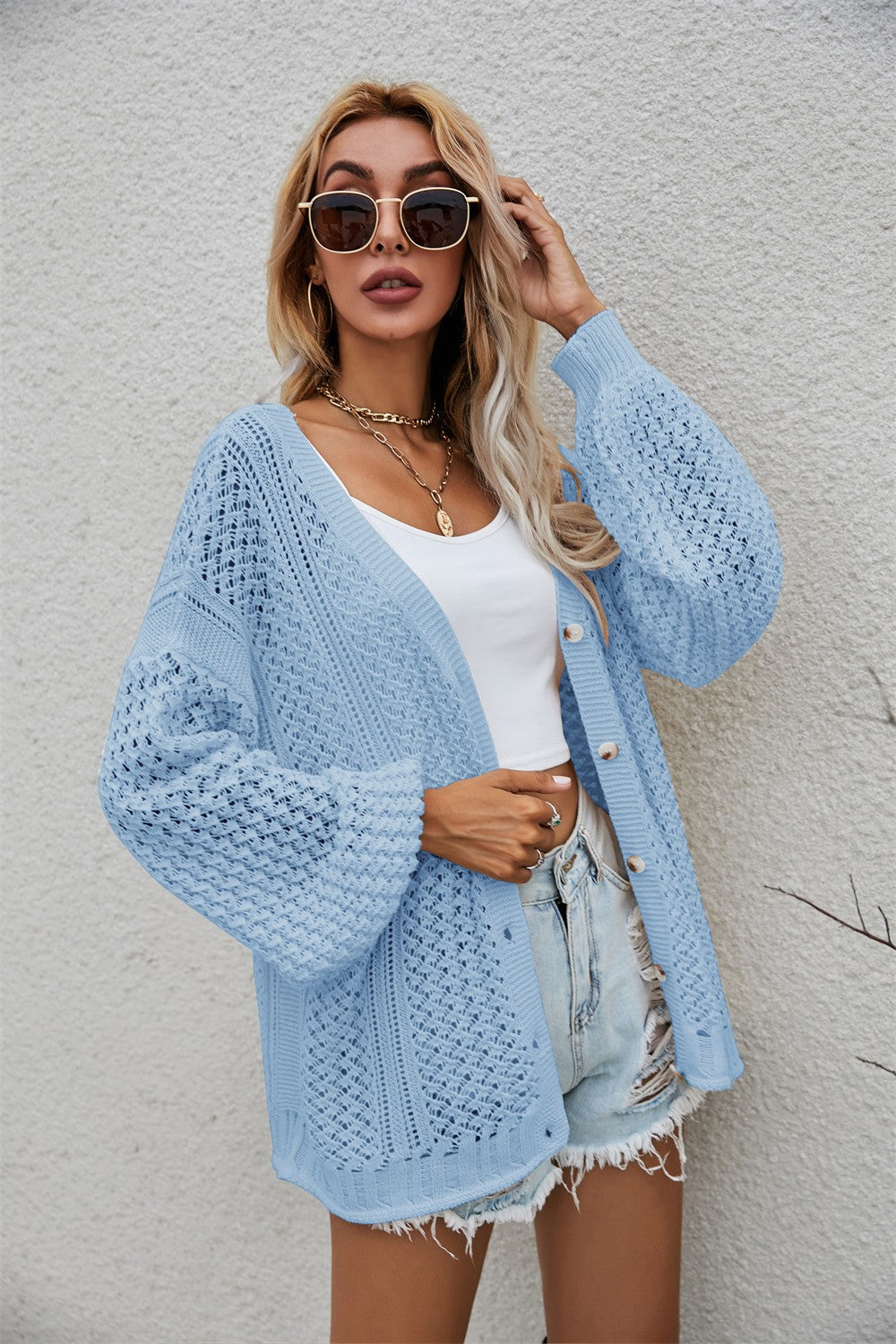 Openwork V-Neck Button Up Cardigan-Angel Casuals