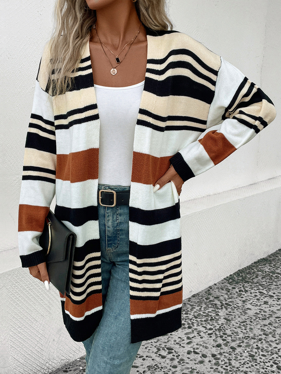 Perfee Striped Open Front Drop Shoulder Cardigan-Angel Casuals