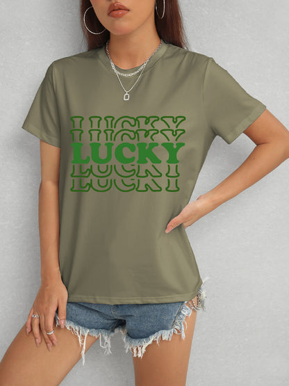 LUCKY Round Neck Short Sleeve T-Shirt-Angel Casuals