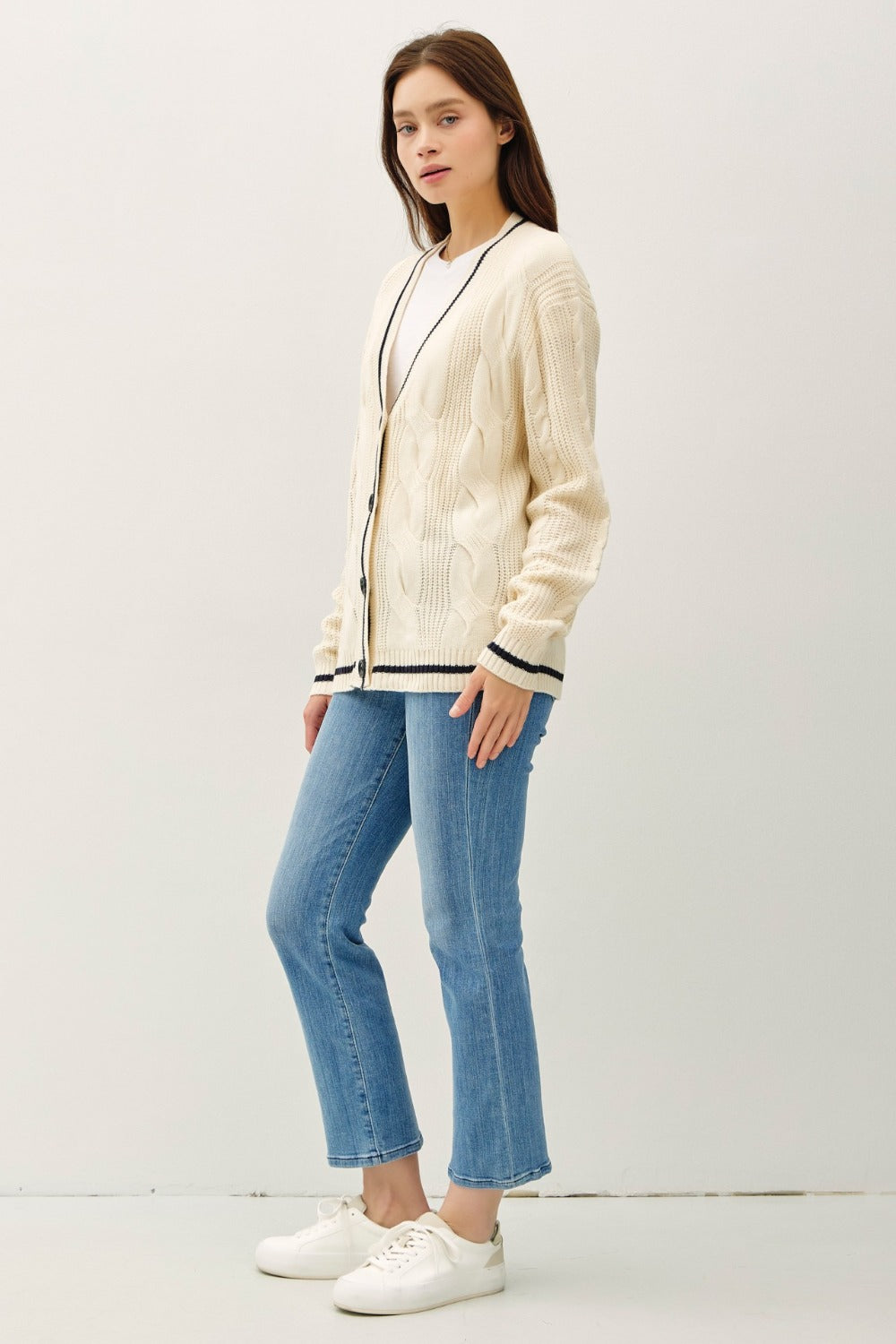 Be Cool Contrast Trim Cable-Knit V-Neck Cardigan-Angel Casuals