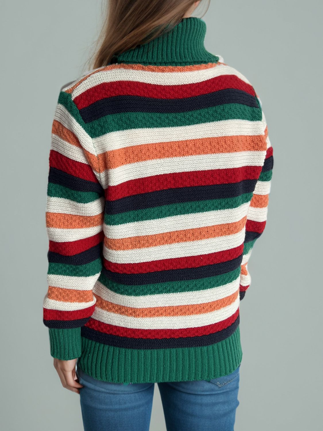 Contrast Stripes Turtleneck Long Sleeve Sweater-Angel Casuals