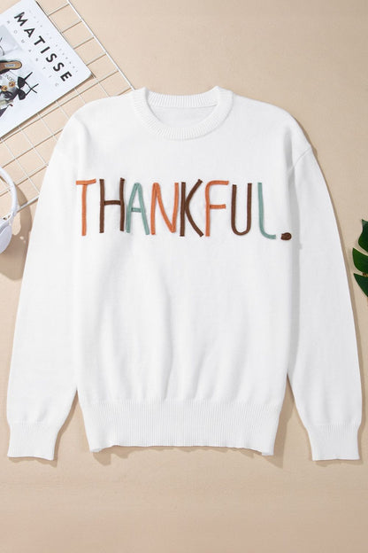 THANKFUL Round Neck Drop Shoulder Sweater-Angel Casuals