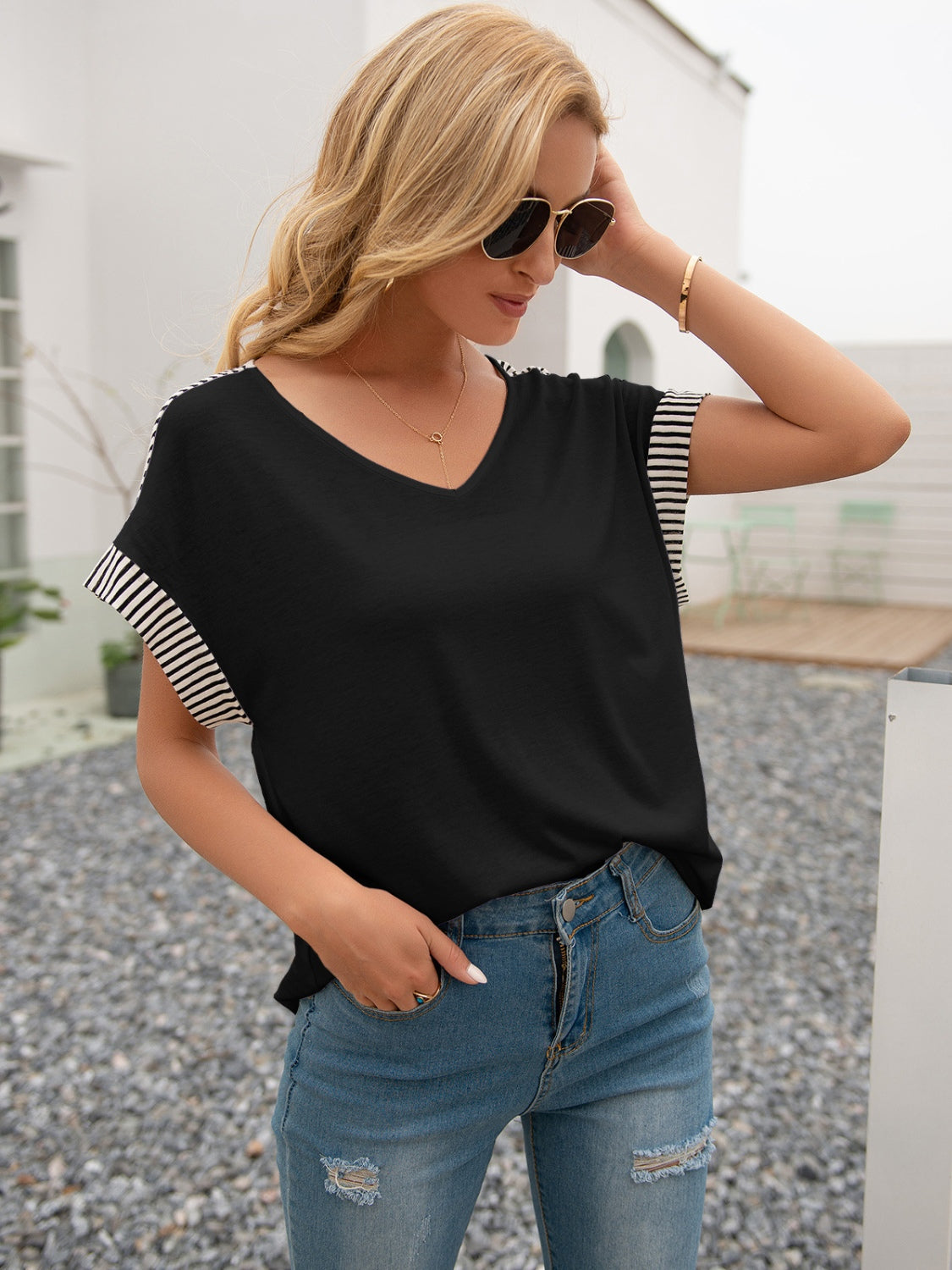 Striped V-Neck Short Sleeve T-Shirt-Angel Casuals