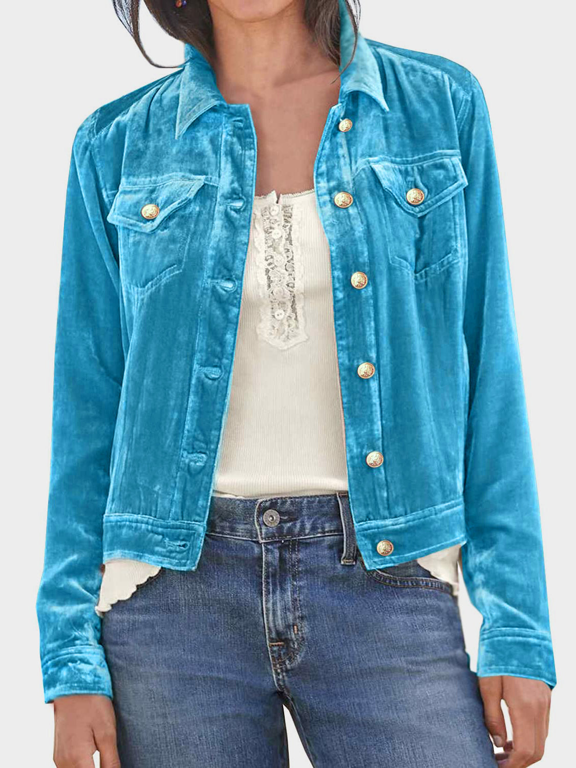 Button Up Long Sleeve Jacket with Chest Pockets-Angel Casuals