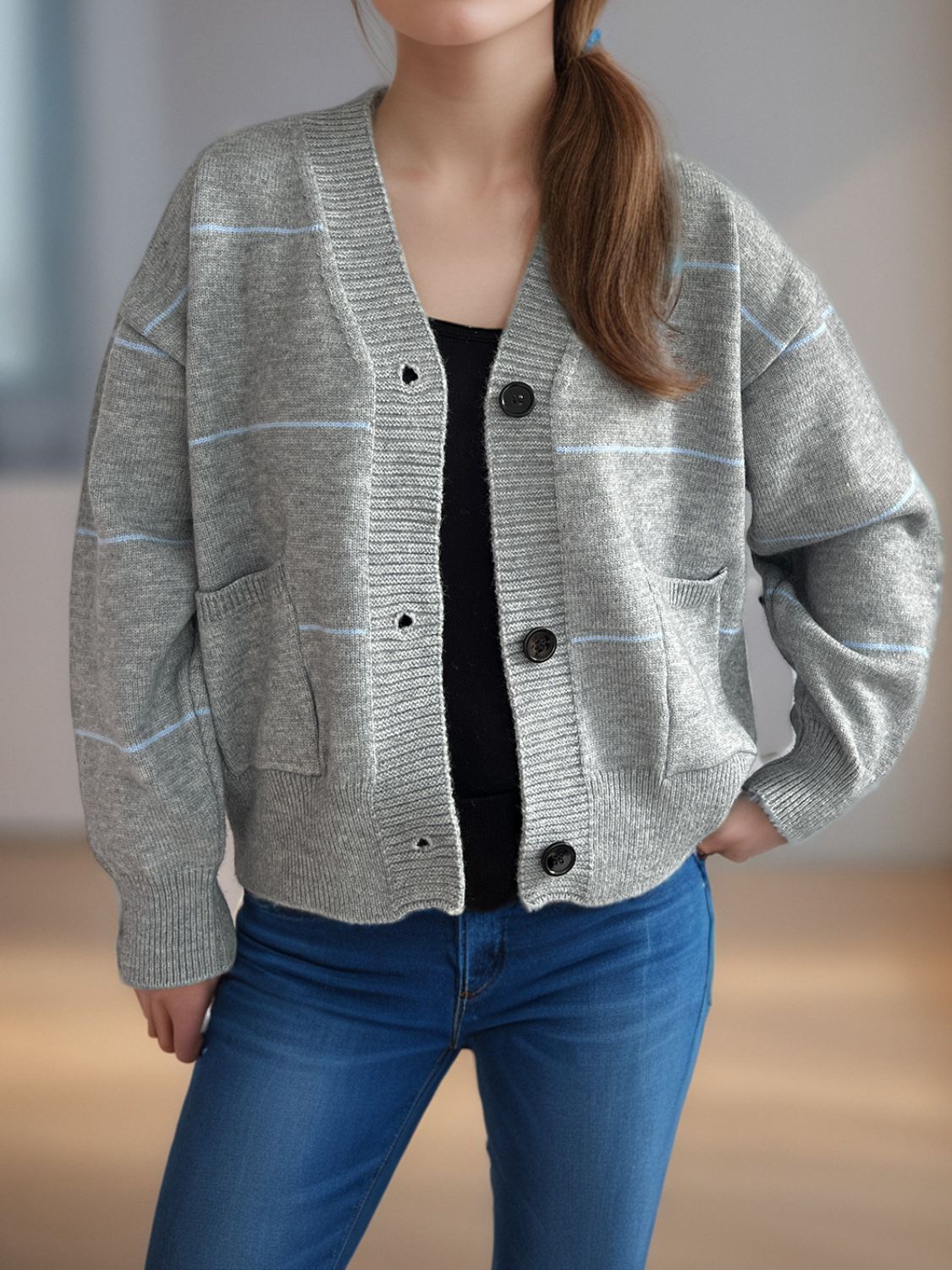 Striped Button Down V-Neck Long Sleeve Cardigan-Angel Casuals