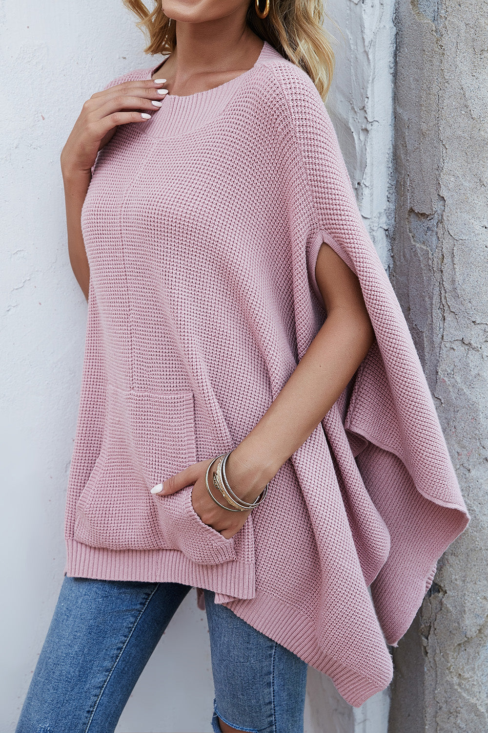 Waffle-Knit Pocketed Cape Sleeve Sweater-Angel Casuals