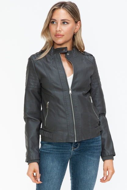 Snobbish PU Leather Biker Jacket with Side Zip Pockets-Angel Casuals