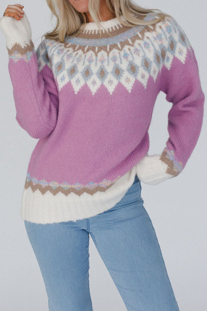 Geometric Round Neck Long Sleeve Sweater-Angel Casuals